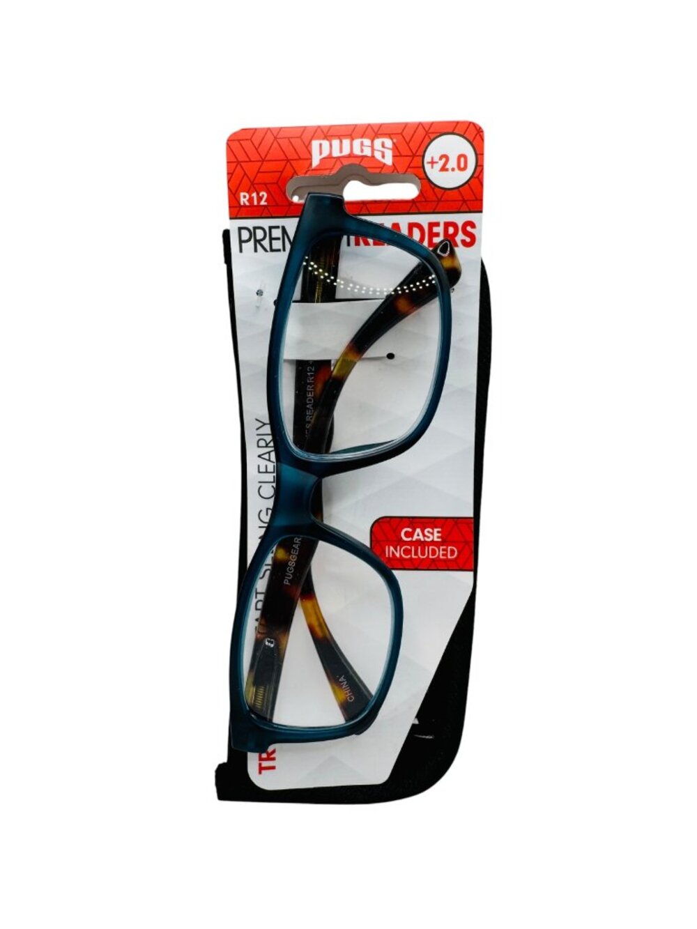 Pugs Premium Reading Glasses +2.0 Magnification Blue & Tortoise Frame With Case